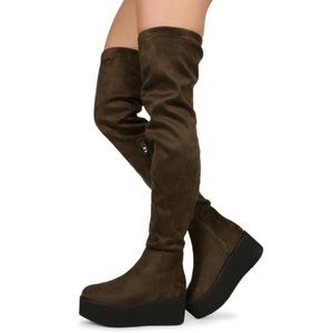 Round Toe Vegan Suede Stretchy Flat Platform Olive Over The Knee